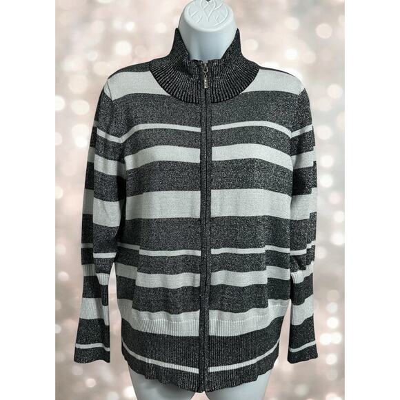 Questions Metallic Cardigan Sweater Sz Petite Large Striped Black White Full Zip - Picture 1 of 9